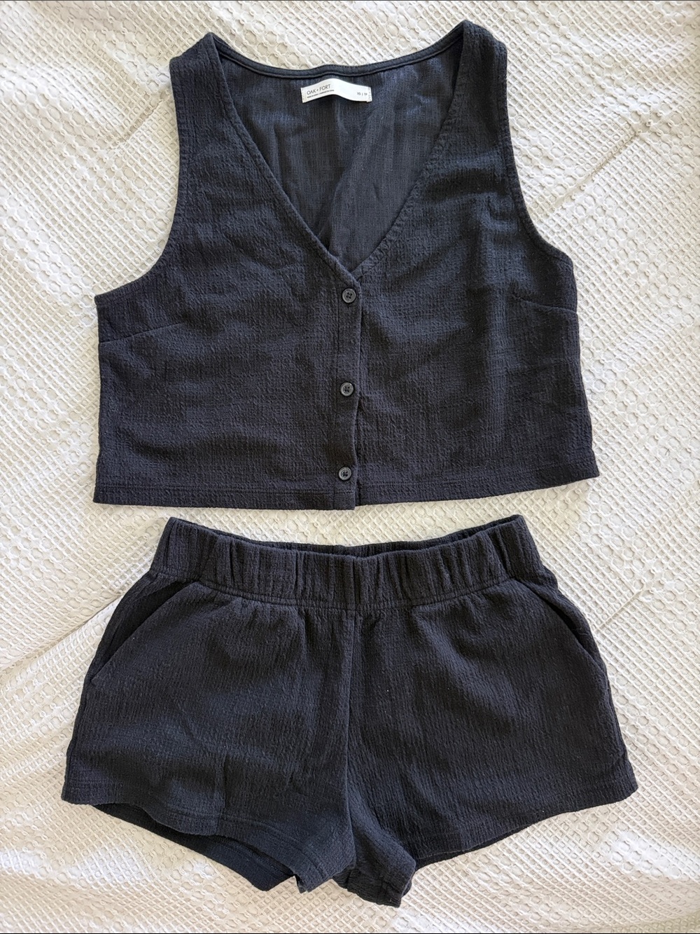 OAK + FORT Black Textured Sleeveless Button-Down Crop Top Linen Set